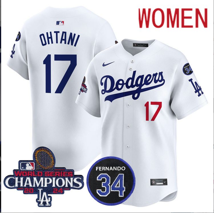 Women MLB Los Angeles Dodgers #17 Ohtani white 2024 World Series Champions Patch Limited Jersey